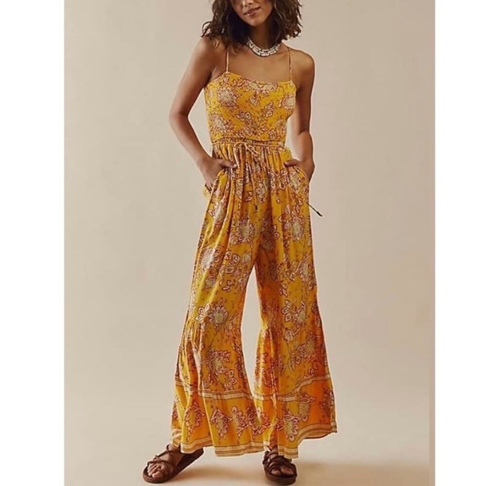 Free People Women’s Little of Your Love Marigold Yellow Floral Wide Leg Jumpsuit
